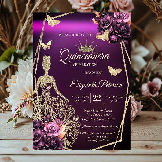 Chic Dress,Butterfly Violet Roses Quinceañera Kaart
