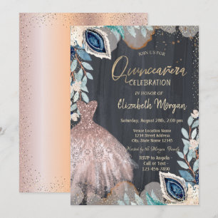 Chic Dress, Flowers, Roos Gold Quinceanera Kaart