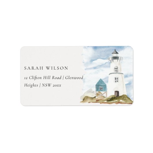Chic Dusky Aqua Blue Lighthouse Mountain Adres Etiket (Voorkant)