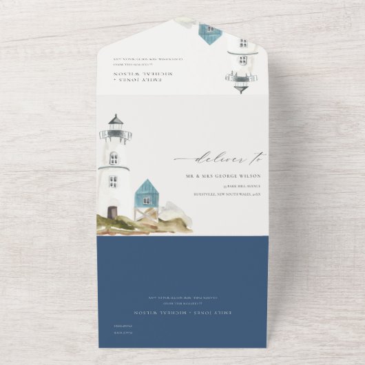 Chic Dusky Aqua Blue Lighthouse Mountain Wedding All In One Uitnodiging (Buitenkant)