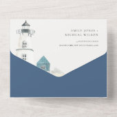 Chic Dusky Aqua Blue Lighthouse Mountain Wedding All In One Uitnodiging (Achterkant)