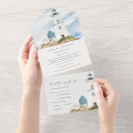 Chic Dusky Aqua Blue Lighthouse Mountain Wedding All In One Uitnodiging
