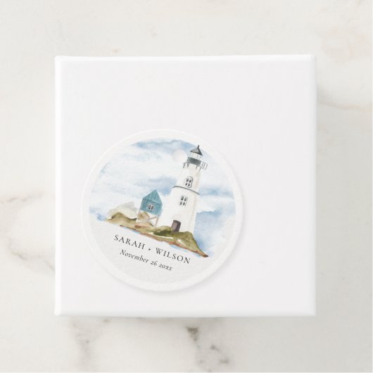 Chic Dusky Aqua Blue Lighthouse Mountain Wedding Bedankjes Labels (In situ)