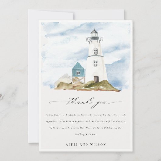 Chic Dusky Aqua Blue Lighthouse Mountain Wedding Bedankkaart (Voorkant)