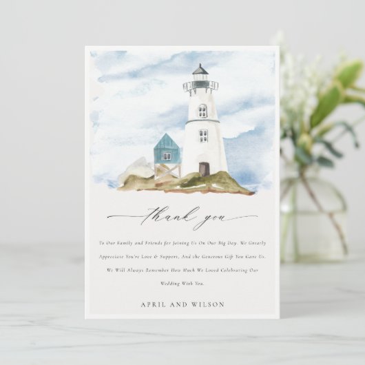 Chic Dusky Aqua Blue Lighthouse Mountain Wedding Bedankkaart (Staand voorkant)