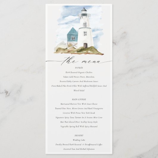 Chic Dusky Aqua Blue Lighthouse Mountain Wedding Menu (Voorkant)