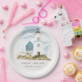 Chic Dusky Aqua Blue Lighthouse Mountain Wedding Papieren Bordje (Feest)