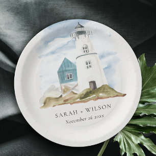 Chic Dusky Aqua Blue Lighthouse Mountain Wedding Papieren Bordje