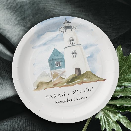 Chic Dusky Aqua Blue Lighthouse Mountain Wedding Papieren Bordje