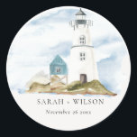 Chic Dusky Aqua Blue Lighthouse Mountain Wedding Ronde Sticker<br><div class="desc">Neem contact met mij op via yellowfebstudio@gmail.com voor meer aanpassingen of andere overeenkomende objecten.</div>