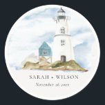 Chic Dusky Aqua Blue Lighthouse Mountain Wedding Ronde Sticker<br><div class="desc">Neem contact met mij op via yellowfebstudio@gmail.com voor meer aanpassingen of andere overeenkomende objecten.</div>