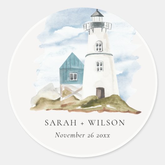 Chic Dusky Aqua Blue Lighthouse Mountain Wedding Ronde Sticker (Voorkant)