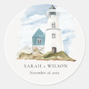 Chic Dusky Aqua Blue Lighthouse Mountain Wedding Ronde Sticker