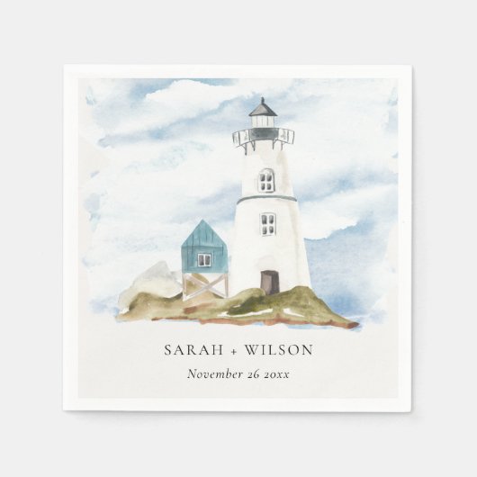 Chic Dusky Aqua Blue Lighthouse Mountain Wedding Servet (Voorkant)