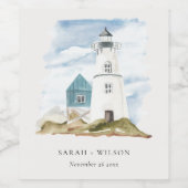 Chic Dusky Aqua Blue Lighthouse Mountain Wedding Wijn Etiket (Enkel label)