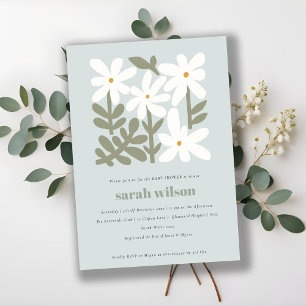 Chic Dusky Blue Retro Minimal Floral Baby shower Kaart