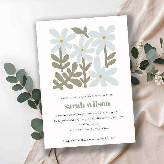 Chic Dusky Blue Retro Minimal Floral Baby shower Kaart