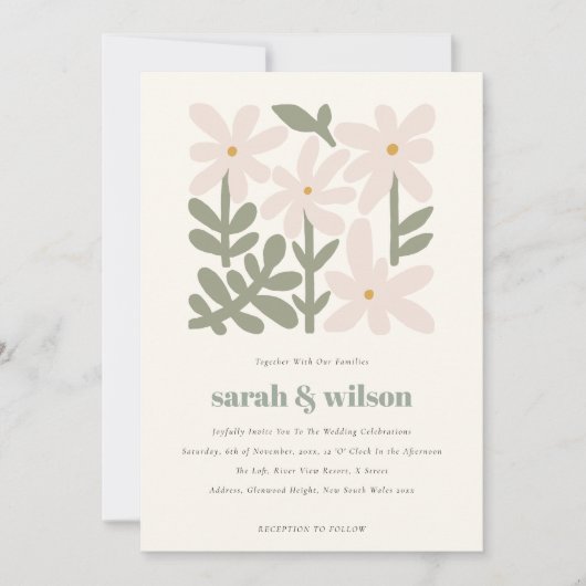 Chic Dusky Blush Retro Minimal Floral Wedding Kaart (Voorkant)