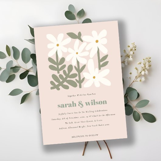 Chic Dusky Blush Retro Minimal Floral Wedding Kaart