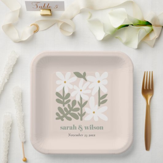 Chic Dusky Blush Retro Minimal Floral Wedding Papieren Bordje (Huwelijk)