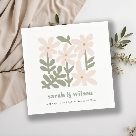 Chic Dusky Blush Retro Minimal Floral Wedding Servet