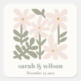 Chic Dusky Blush Retro Minimal Floral Wedding Vierkante Sticker