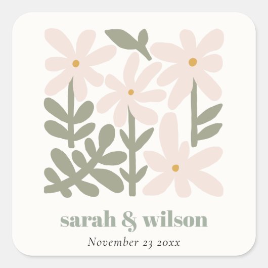 Chic Dusky Blush Retro Minimal Floral Wedding Vierkante Sticker (Voorkant)