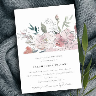 Chic Dusky Blush Waterverf Bloemen Baby shower Kaart