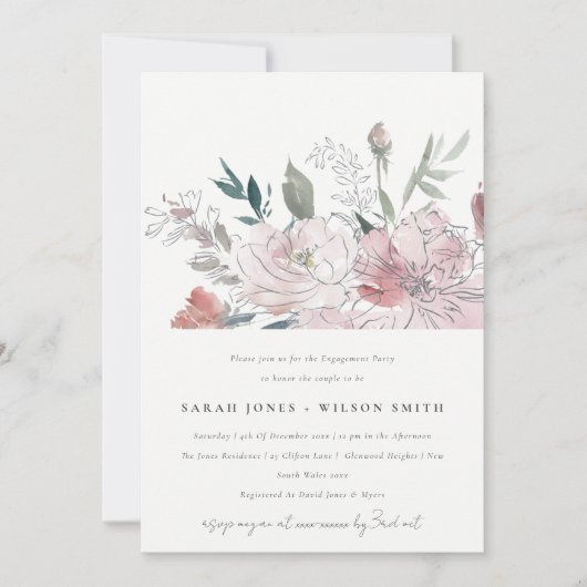 Chic Dusky Blush Waterverf Bloemen Verloving Kaart (Voorkant)