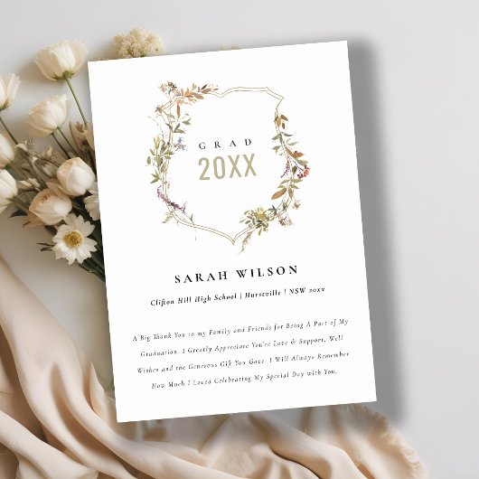 Chic Dusky Pink Blush Wildflower Crest Afstuderen Bedankkaart