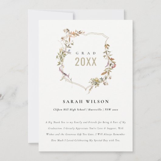 Chic Dusky Pink Blush Wildflower Crest Afstuderen Bedankkaart (Voorkant)