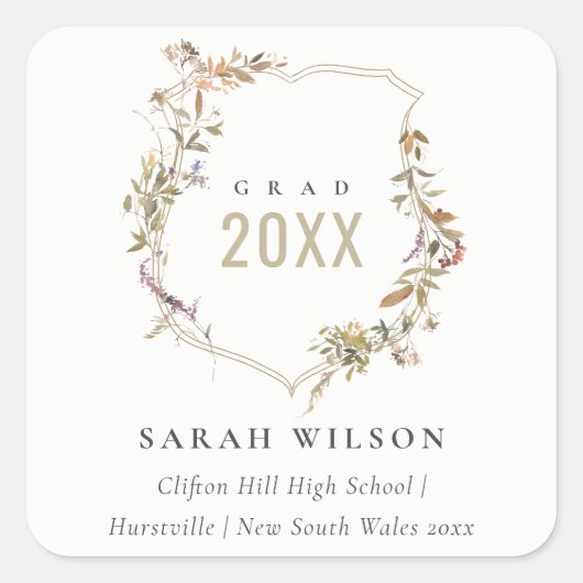 Chic Dusky Pink Blush Wildflower Crest Afstuderen Vierkante Sticker (Voorkant)