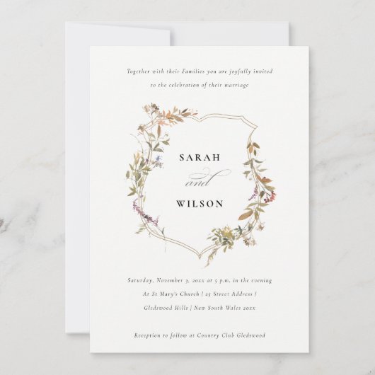 Chic Dusky Pink Blush Wildflower Crest Wedding Kaart (Voorkant)