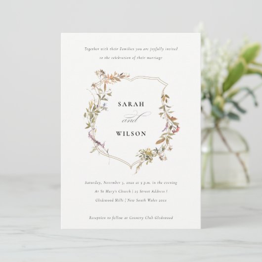 Chic Dusky Pink Blush Wildflower Crest Wedding Kaart (Staand voorkant)