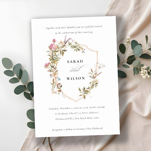 Chic Dusky Pink Blush Wildflower Crest Wedding Kaart