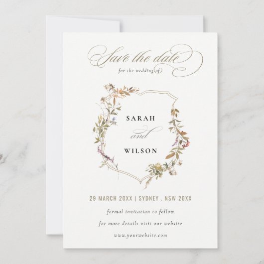Chic Dusky Pink Blush Wildflower Crest Wedding Save The Date (Voorkant)