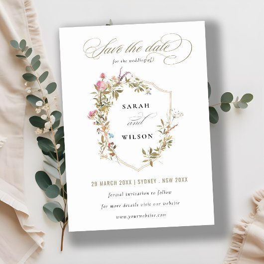 Chic Dusky Pink Blush Wildflower Crest Wedding Save The Date