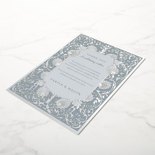 Chic Dusty Blauw en Zilveren Folie Dank U Folie Uitnodiging (Gedraaid)