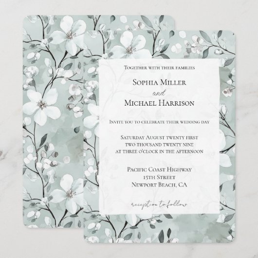 Chic Dusty Blauw Wit Bloemen Huwelijk Kaart (Voorkant / Achterkant)