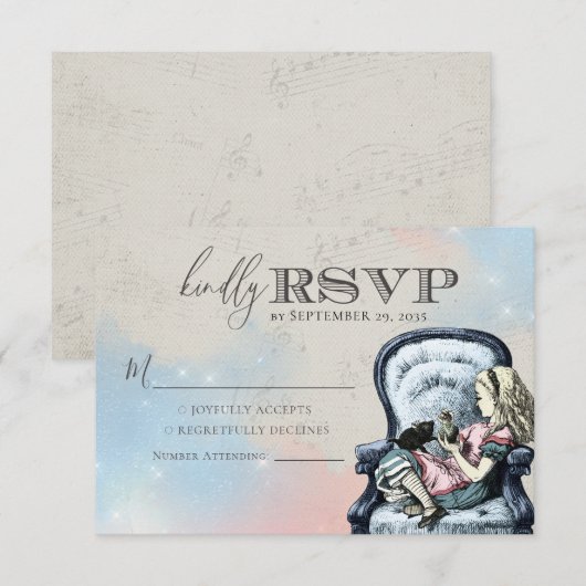  Chic Dusty Blue Alice in Wonderland RSVP Kaartje (Voorkant / Achterkant)