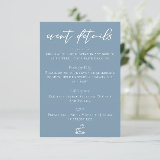 Chic Dusty Blue Baby Shower Event Details Informatiekaartje (Staand voorkant)