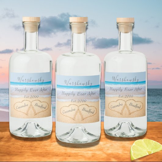 Chic Dusty Blue Beach Bruiloft 2 Hart Zand Likeurfles Etiket