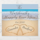 Chic Dusty Blue Beach Bruiloft 2 Hart Zand Sparkling Wijnetiket (Enkel label)