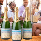 Chic Dusty Blue Beach Bruiloft 2 Hart Zand Sparkling Wijnetiket