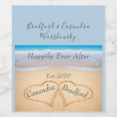 Chic Dusty Blue Beach Bruiloft 2 Hart Zand Wijn Etiket (Enkel label)