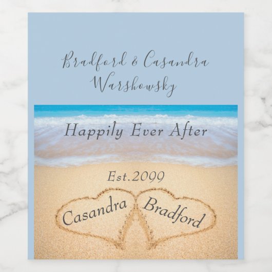Chic Dusty Blue Beach Bruiloft 2 Hart Zand Wijn Etiket (Enkel label)