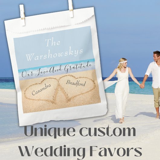 Chic Dusty Blue Beach Bruiloft 2 Harten in Zand Bedankzakje