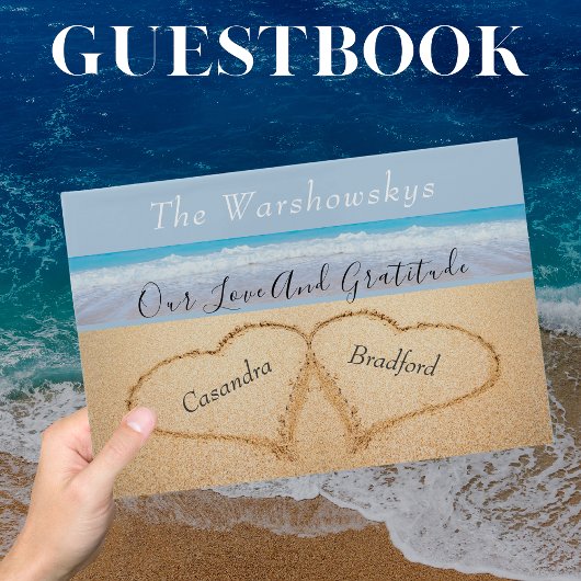 Chic Dusty Blue Beach Bruiloft 2 Harten in Zand Gastenboek