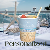 Chic Dusty Blue Beach Bruiloft 2 Harten in Zand Papieren Bekers