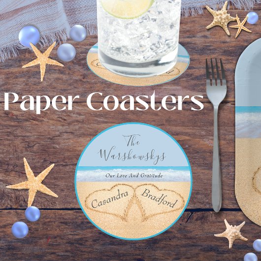 Chic Dusty Blue Beach Bruiloft 2 Harten in Zand Ronde Kartonnen Onderzetter